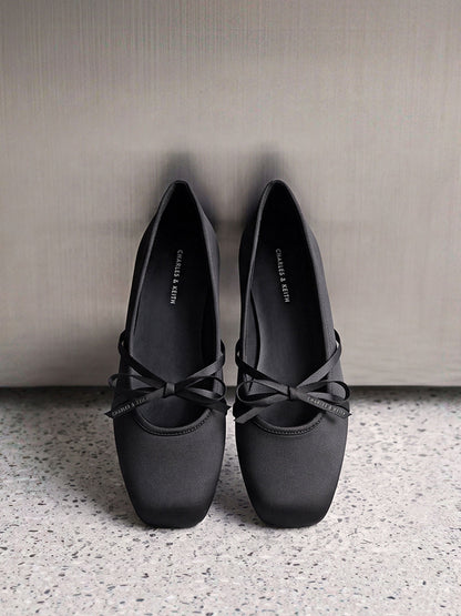 CHARLES & KEITH Latest / Satin Bow Ballet Flats - Black Textured