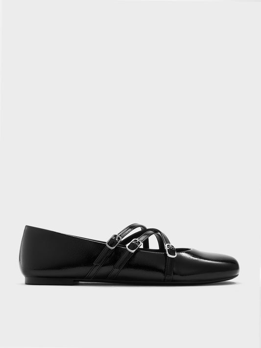 CHARLES & KEITH Latest / Patent Triple-Strap Mary Jane Flats - Black Patent