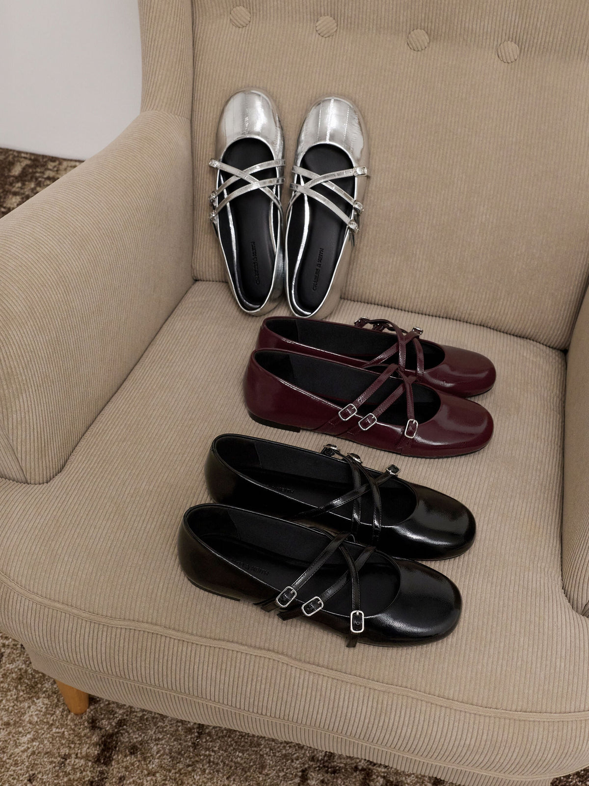 CHARLES & KEITH Latest / Patent Triple-Strap Mary Jane Flats - Black Patent