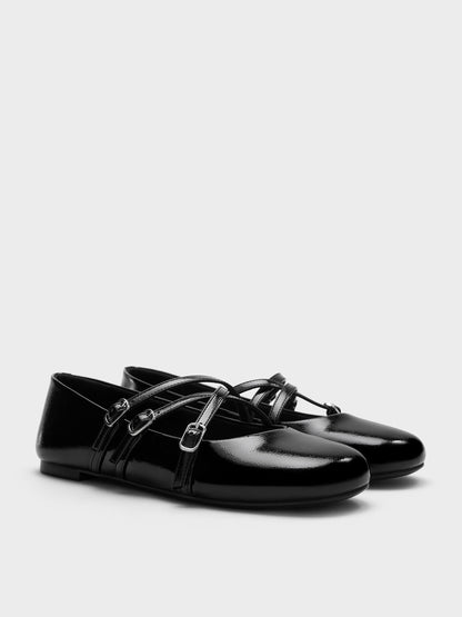 CHARLES & KEITH Latest / Patent Triple-Strap Mary Jane Flats - Black Patent