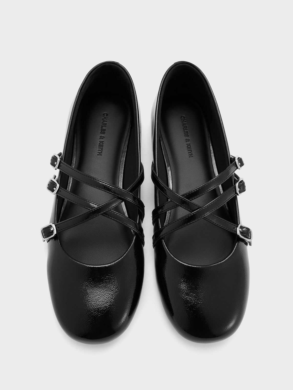 CHARLES & KEITH Latest / Patent Triple-Strap Mary Jane Flats - Black Patent