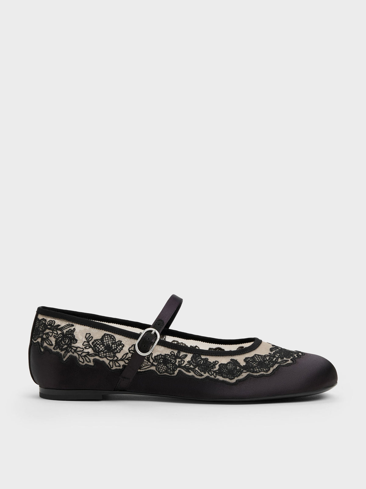 CHARLES & KEITH New / Satin Embroidered-Mesh Mary Jane Flats - Black Textured