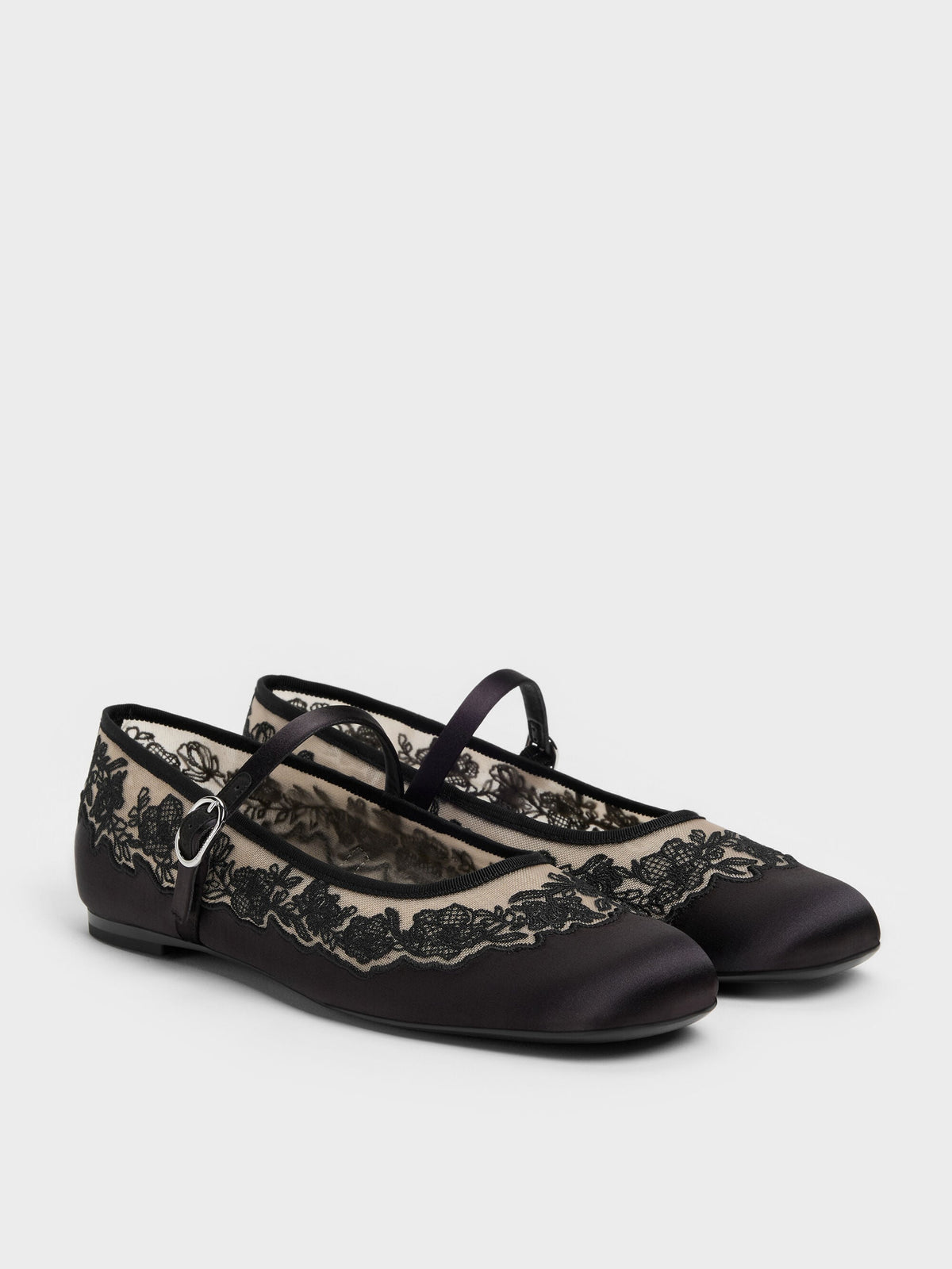 CHARLES & KEITH New / Satin Embroidered-Mesh Mary Jane Flats - Black Textured