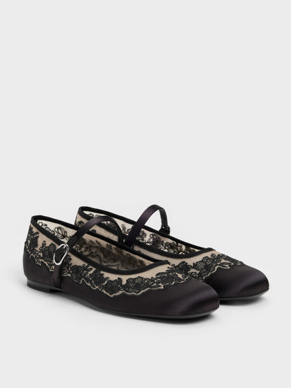 CHARLES & KEITH New / Satin Embroidered-Mesh Mary Jane Flats - Black Textured