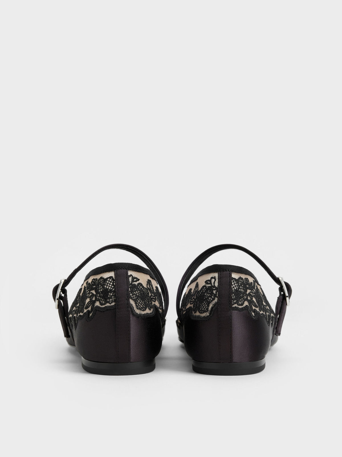 CHARLES & KEITH New / Satin Embroidered-Mesh Mary Jane Flats - Black Textured