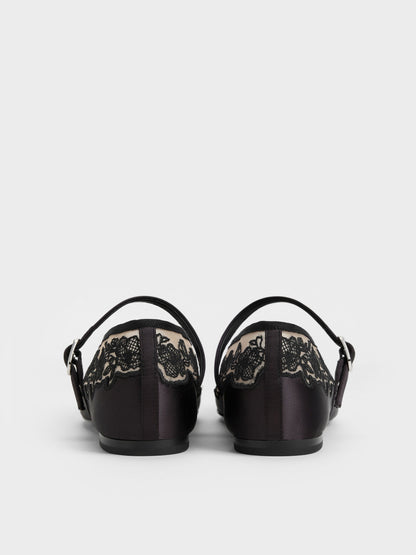 CHARLES & KEITH New / Satin Embroidered-Mesh Mary Jane Flats - Black Textured
