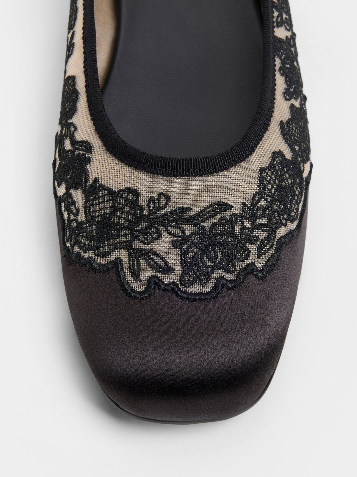 CHARLES & KEITH New / Satin Embroidered-Mesh Mary Jane Flats - Black Textured