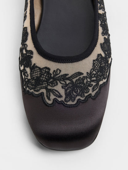 CHARLES & KEITH New / Satin Embroidered-Mesh Mary Jane Flats - Black Textured