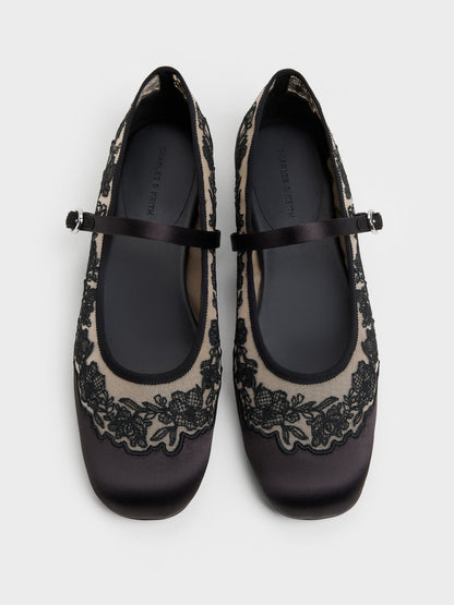 CHARLES & KEITH New / Satin Embroidered-Mesh Mary Jane Flats - Black Textured