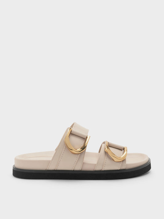 CHARLES & KEITH Special Offer / Gabine Gold-Buckle Leather Slides - Oat