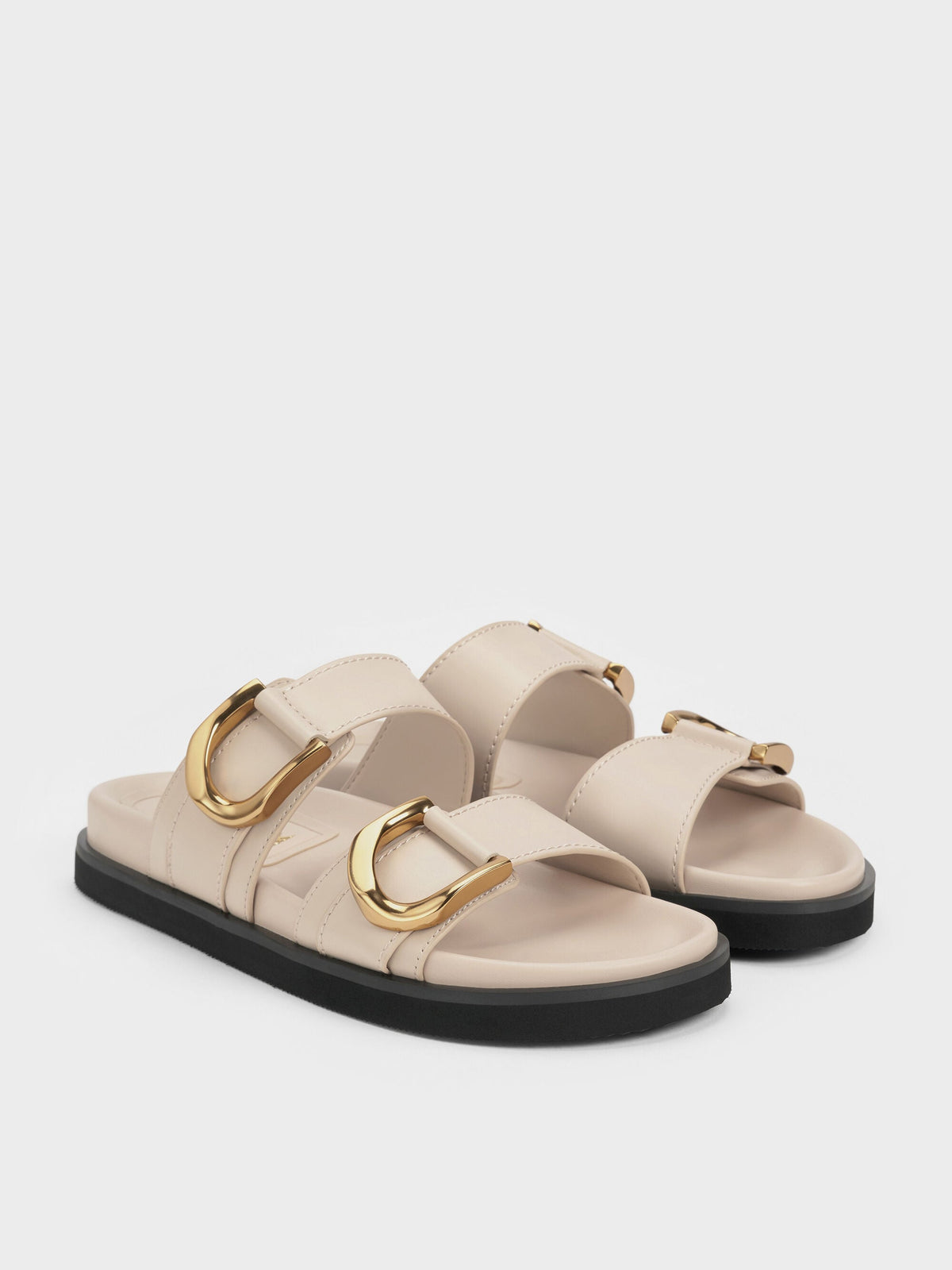 CHARLES & KEITH Special Offer / Gabine Gold-Buckle Leather Slides - Oat
