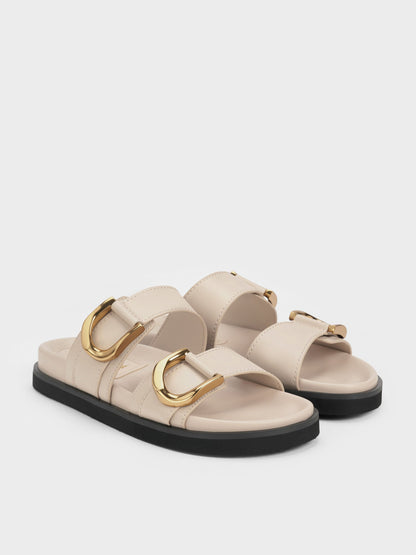 CHARLES & KEITH Special Offer / Gabine Gold-Buckle Leather Slides - Oat