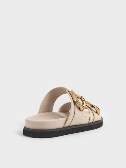 CHARLES & KEITH Special Offer / Gabine Gold-Buckle Leather Slides - Oat