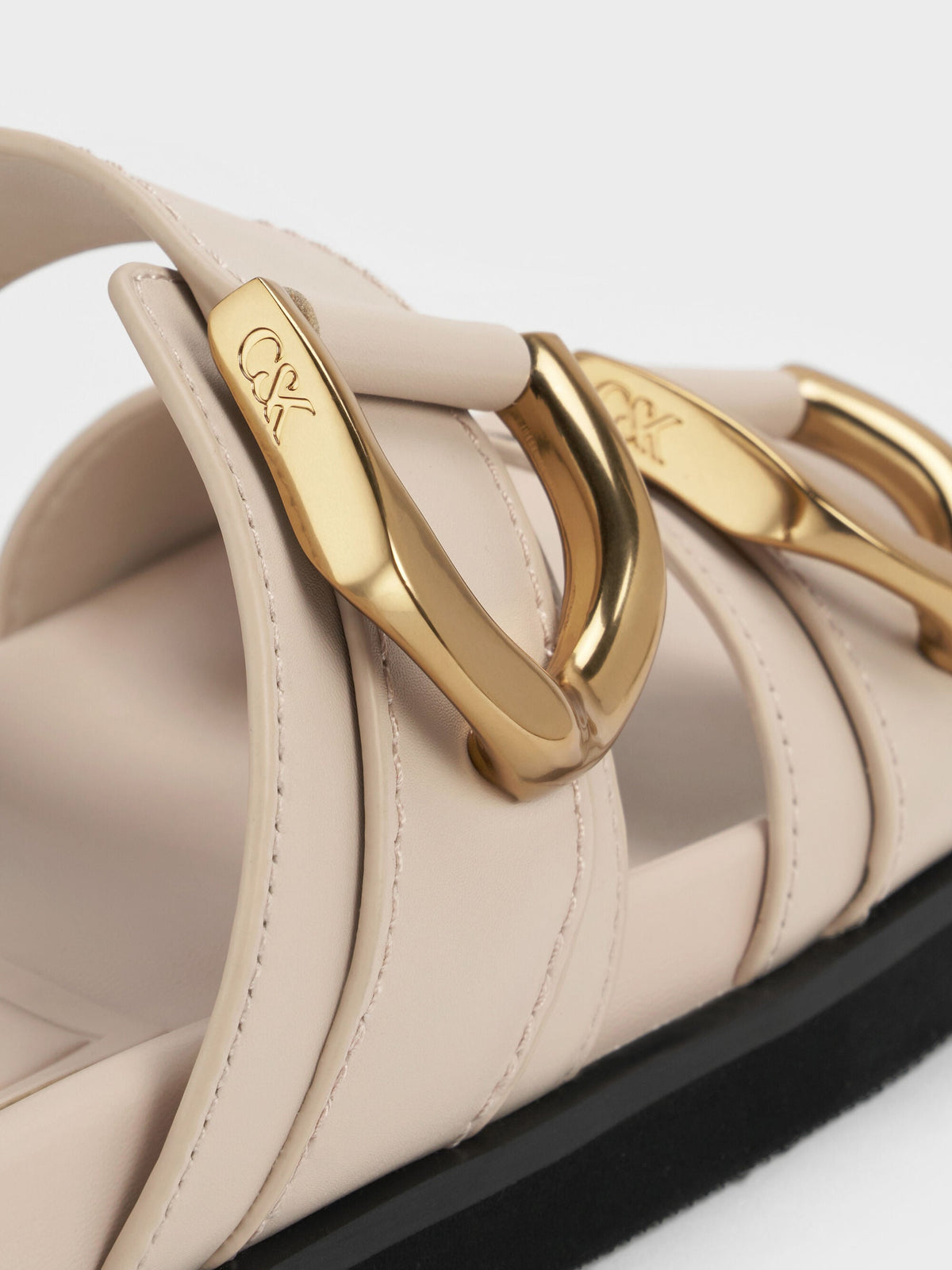 CHARLES & KEITH Special Offer / Gabine Gold-Buckle Leather Slides - Oat