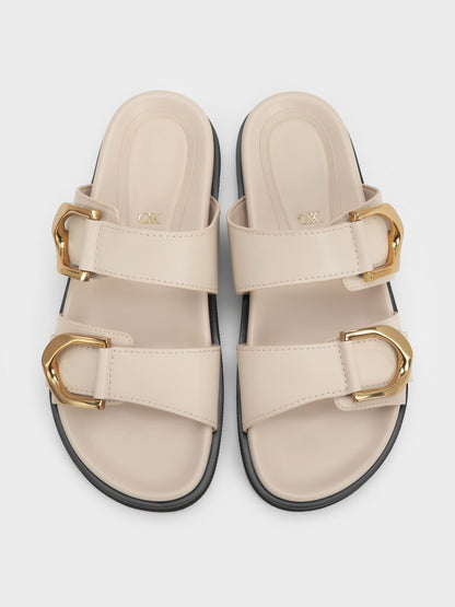 CHARLES & KEITH Special Offer / Gabine Gold-Buckle Leather Slides - Oat