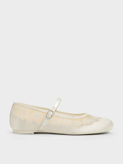 CHARLES & KEITH New / Satin Embroidered-Mesh Mary Jane Flats - White