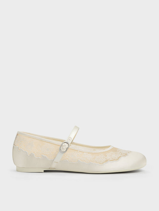 CHARLES & KEITH New / Satin Embroidered-Mesh Mary Jane Flats - White