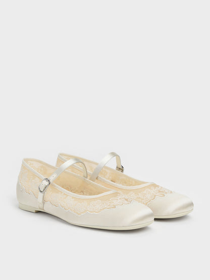 CHARLES & KEITH New / Satin Embroidered-Mesh Mary Jane Flats - White