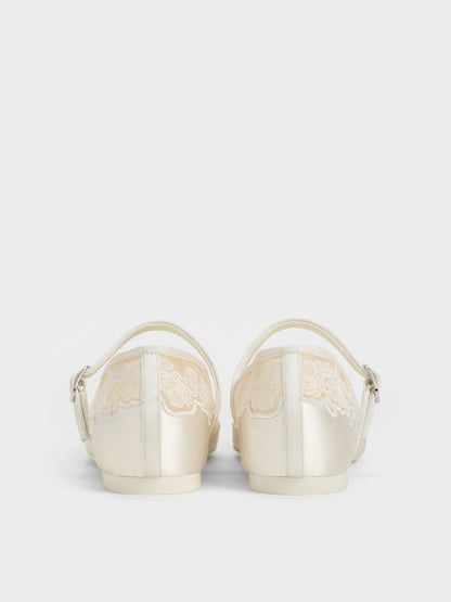 CHARLES & KEITH New / Satin Embroidered-Mesh Mary Jane Flats - White