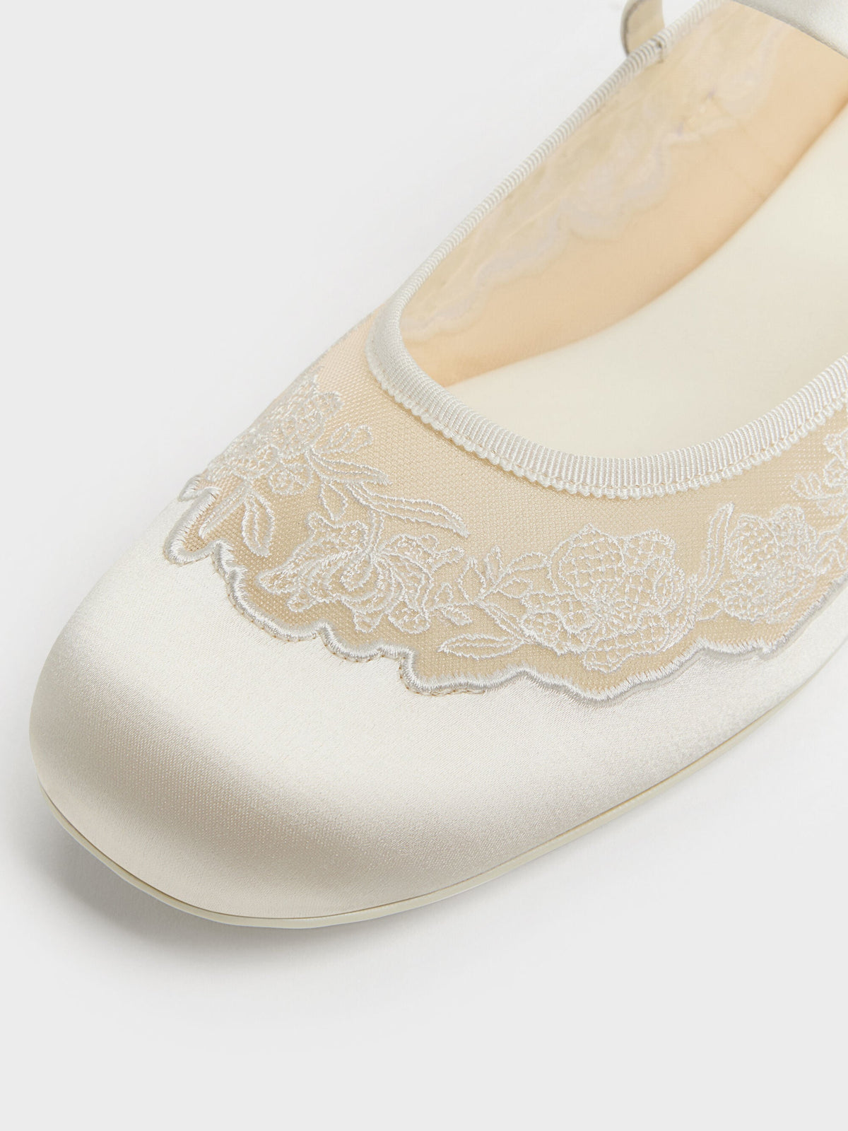 CHARLES & KEITH New / Satin Embroidered-Mesh Mary Jane Flats - White