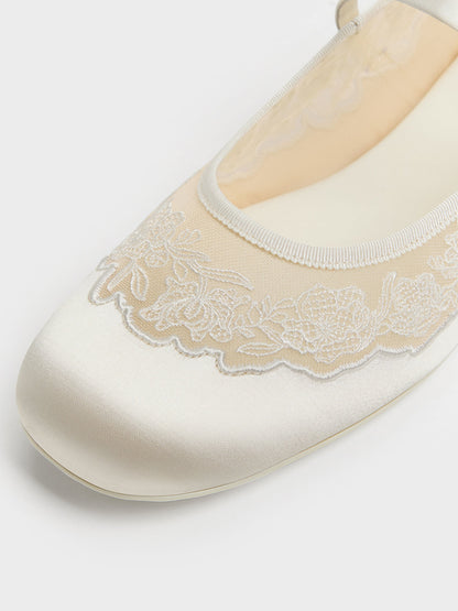 CHARLES & KEITH New / Satin Embroidered-Mesh Mary Jane Flats - White