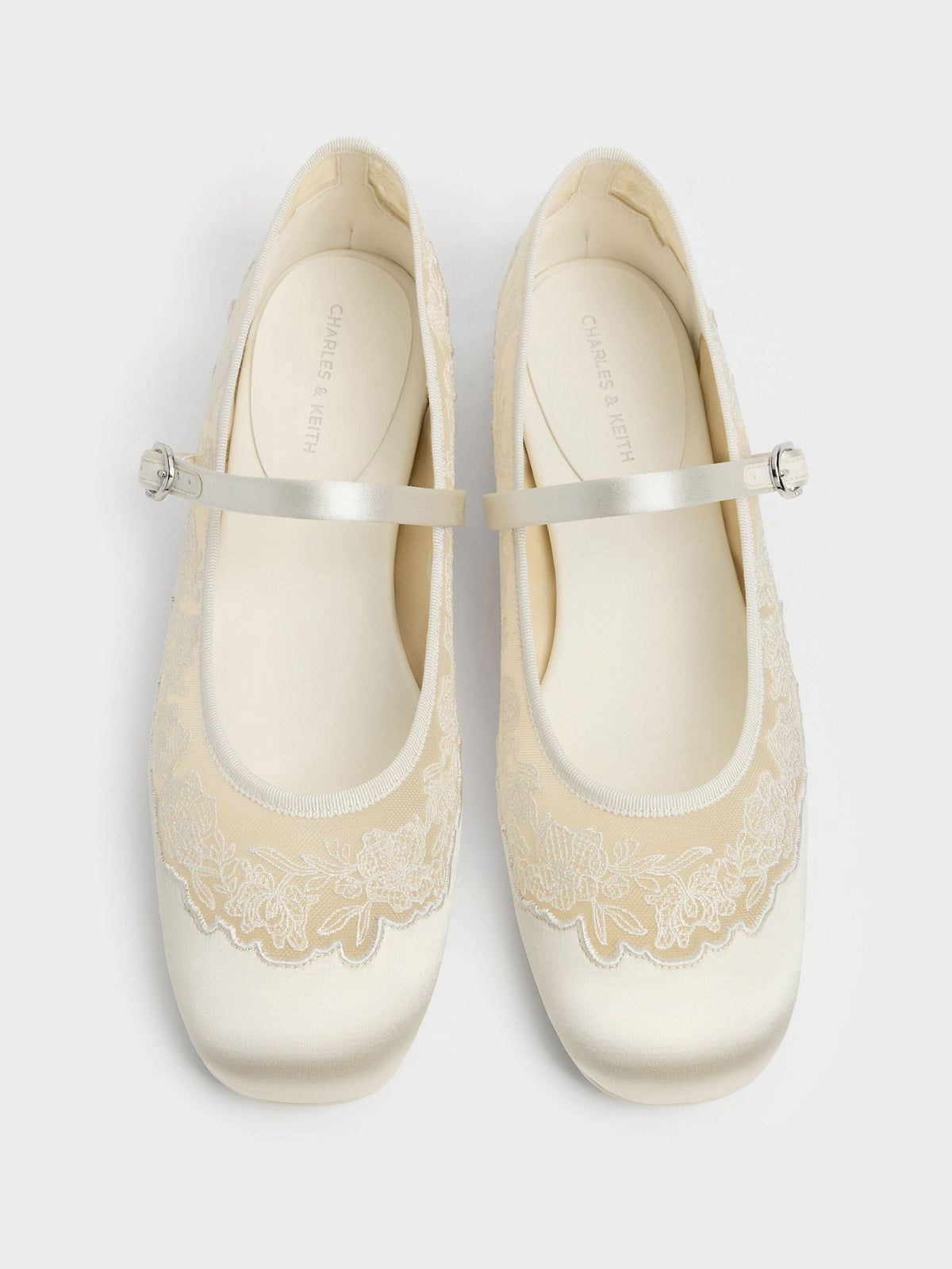 CHARLES & KEITH New / Satin Embroidered-Mesh Mary Jane Flats - White