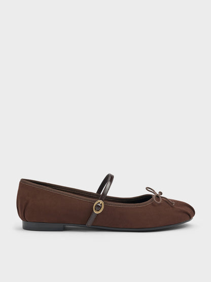 CHARLES & KEITH Classic / Emiko Faux Suede Bow Mary Jane Flats - Dark Brown Textured