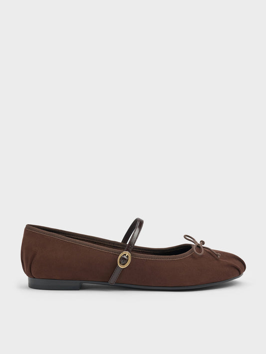 CHARLES & KEITH Classic / Emiko Faux Suede Bow Mary Jane Flats - Dark Brown Textured