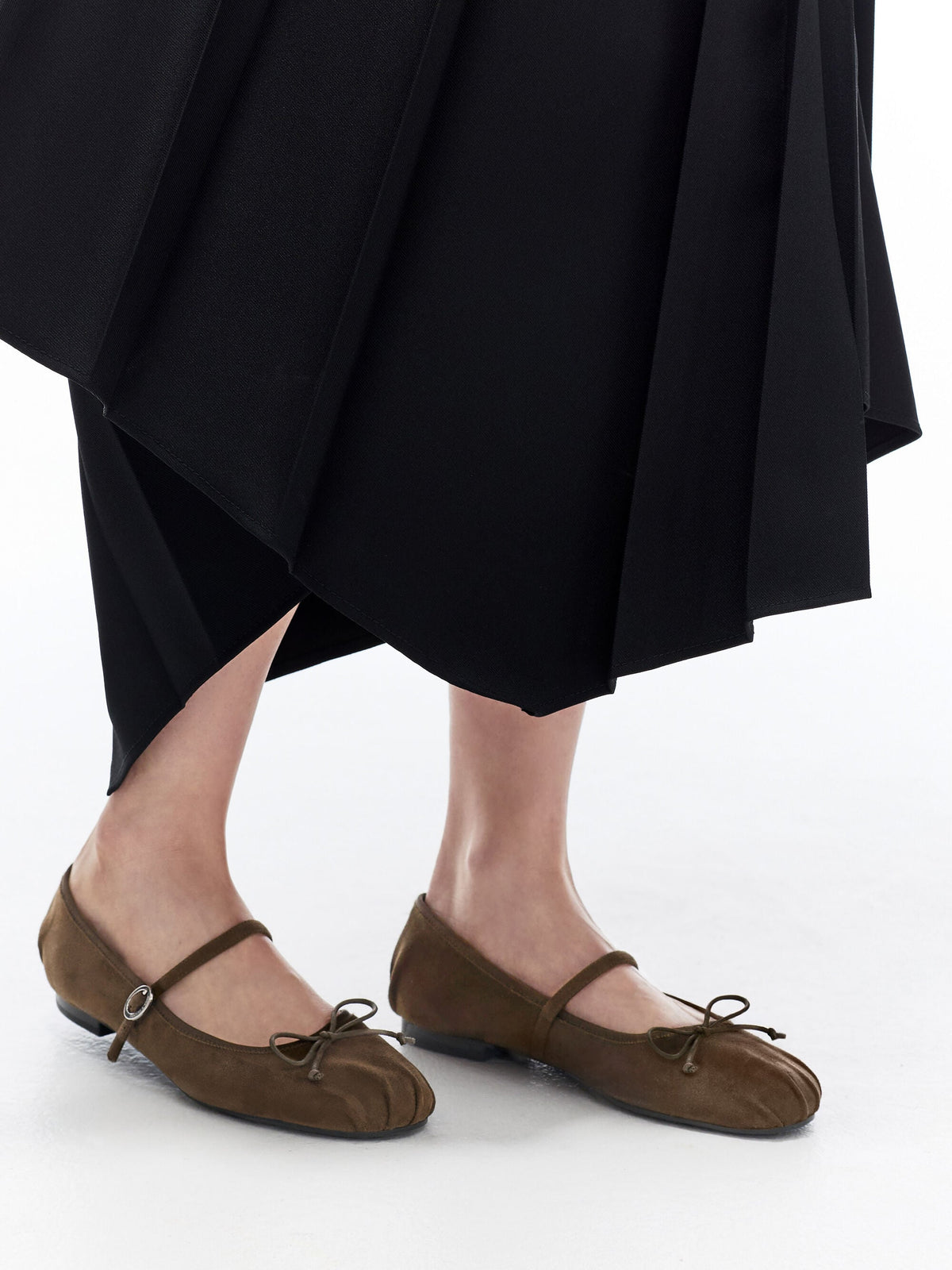 CHARLES & KEITH Classic / Emiko Faux Suede Bow Mary Jane Flats - Dark Brown Textured