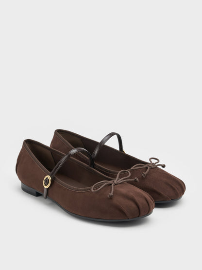 CHARLES & KEITH Classic / Emiko Faux Suede Bow Mary Jane Flats - Dark Brown Textured