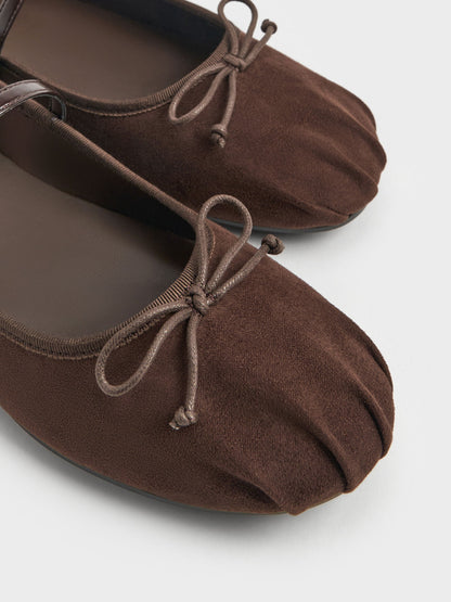 CHARLES & KEITH Classic / Emiko Faux Suede Bow Mary Jane Flats - Dark Brown Textured