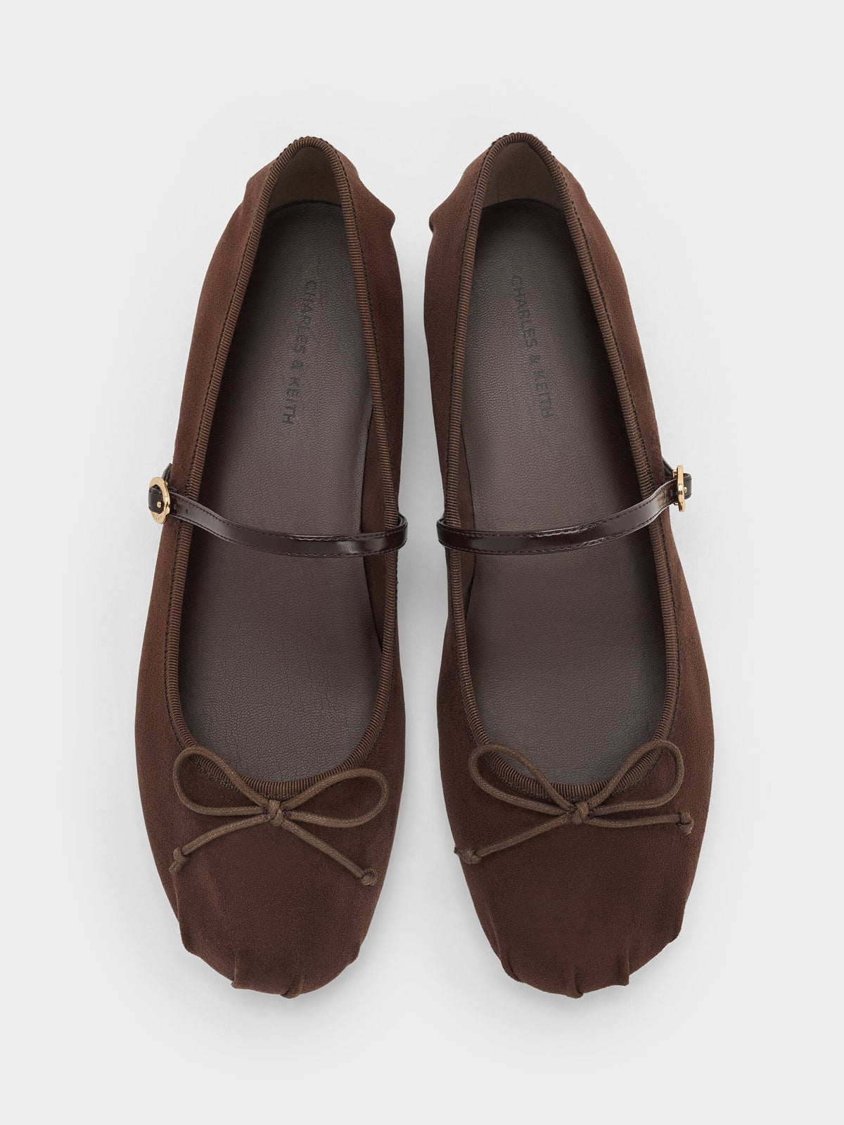CHARLES & KEITH Classic / Emiko Faux Suede Bow Mary Jane Flats - Dark Brown Textured