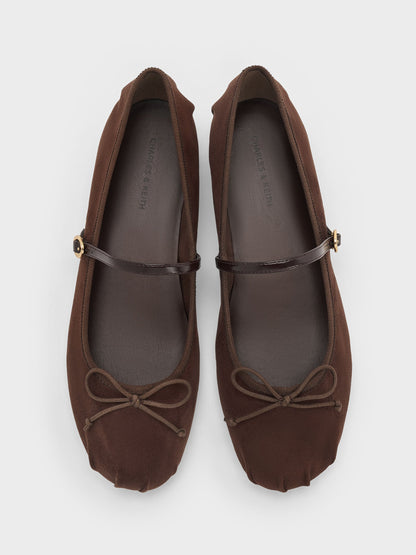 CHARLES & KEITH Classic / Emiko Faux Suede Bow Mary Jane Flats - Dark Brown Textured