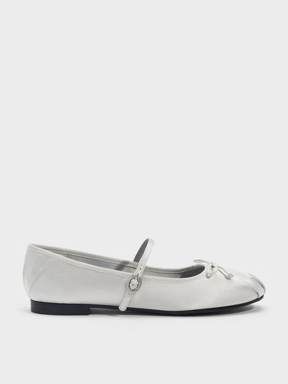 CHARLES & KEITH New / Emiko Satin Bow Mary Jane Flats - Silver