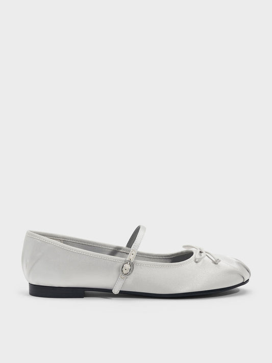 CHARLES & KEITH New / Emiko Satin Bow Mary Jane Flats - Silver