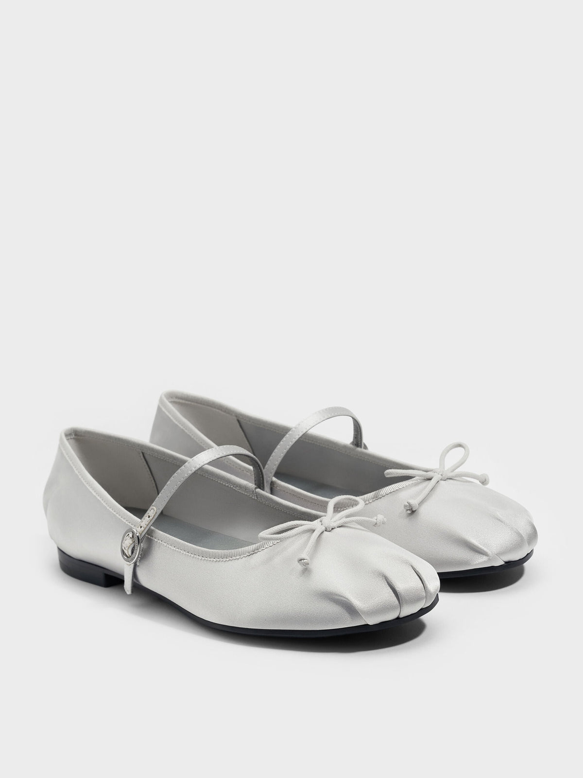 CHARLES & KEITH New / Emiko Satin Bow Mary Jane Flats - Silver