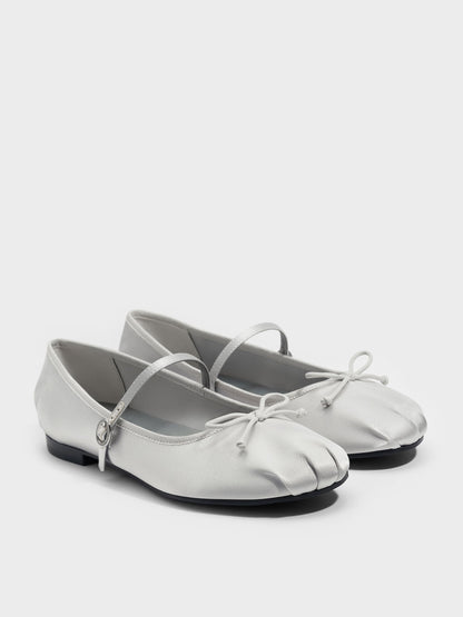 CHARLES & KEITH New / Emiko Satin Bow Mary Jane Flats - Silver