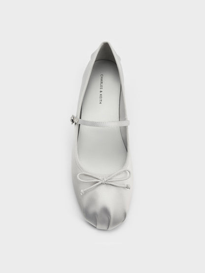 CHARLES & KEITH New / Emiko Satin Bow Mary Jane Flats - Silver
