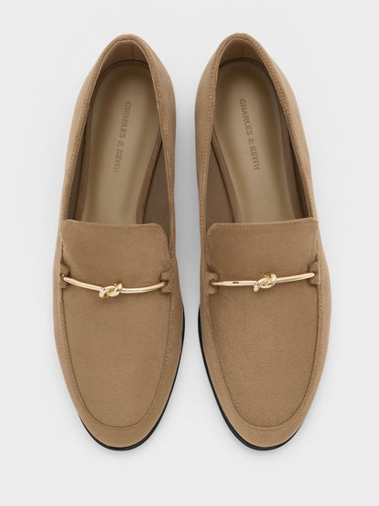 CHARLES & KEITH Customer Favorite / Faux Suede Metallic Knot-Bar Loafers - Camel