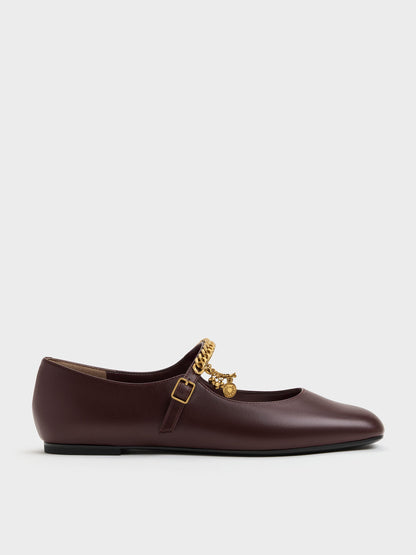 CHARLES & KEITH Premium / Double-Chain Charm Mary Jane Flats - Burgundy