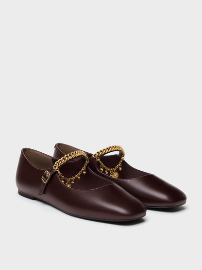 CHARLES & KEITH Premium / Double-Chain Charm Mary Jane Flats - Burgundy