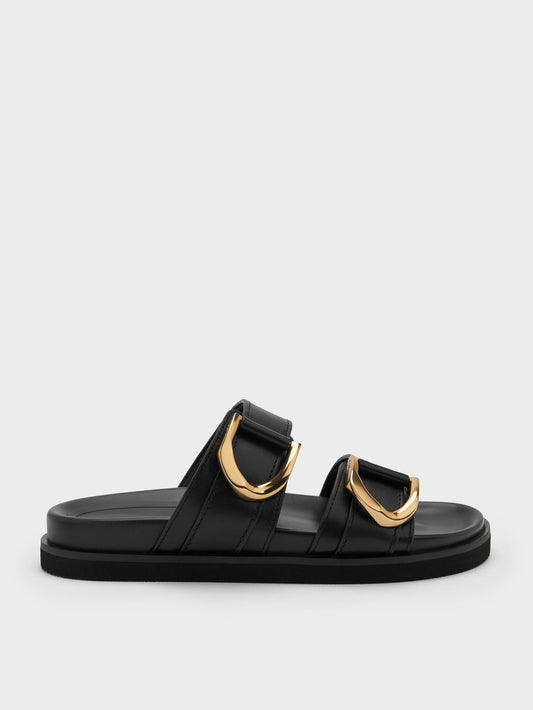 CHARLES & KEITH Trending / Gabine Gold-Buckle Leather Slides - Black