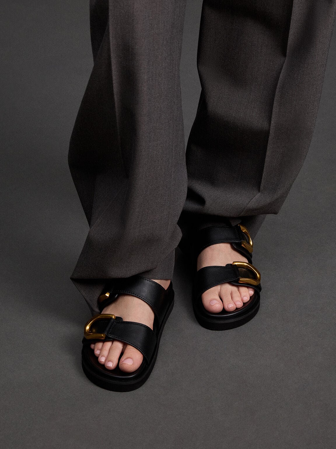 CHARLES & KEITH Trending / Gabine Gold-Buckle Leather Slides - Black