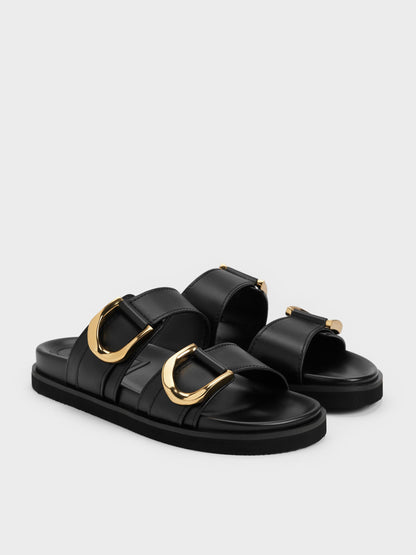 CHARLES & KEITH Trending / Gabine Gold-Buckle Leather Slides - Black