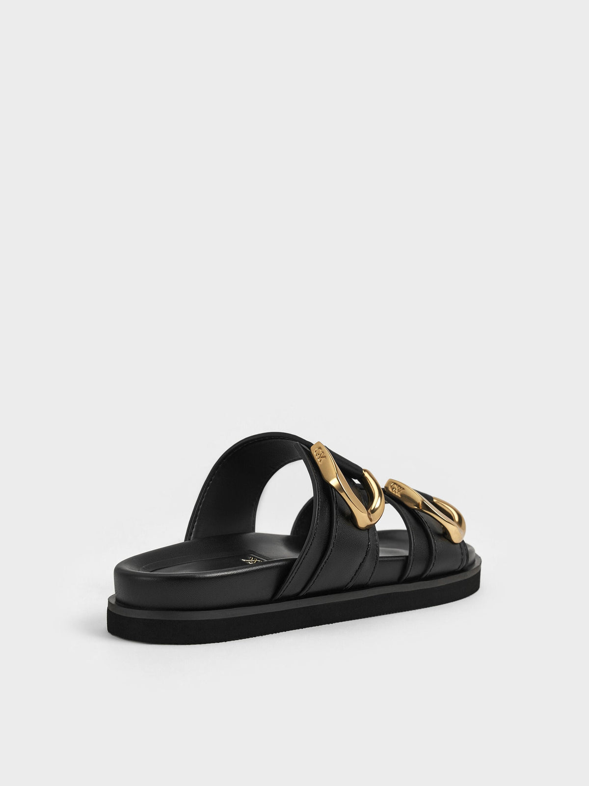 CHARLES & KEITH Trending / Gabine Gold-Buckle Leather Slides - Black