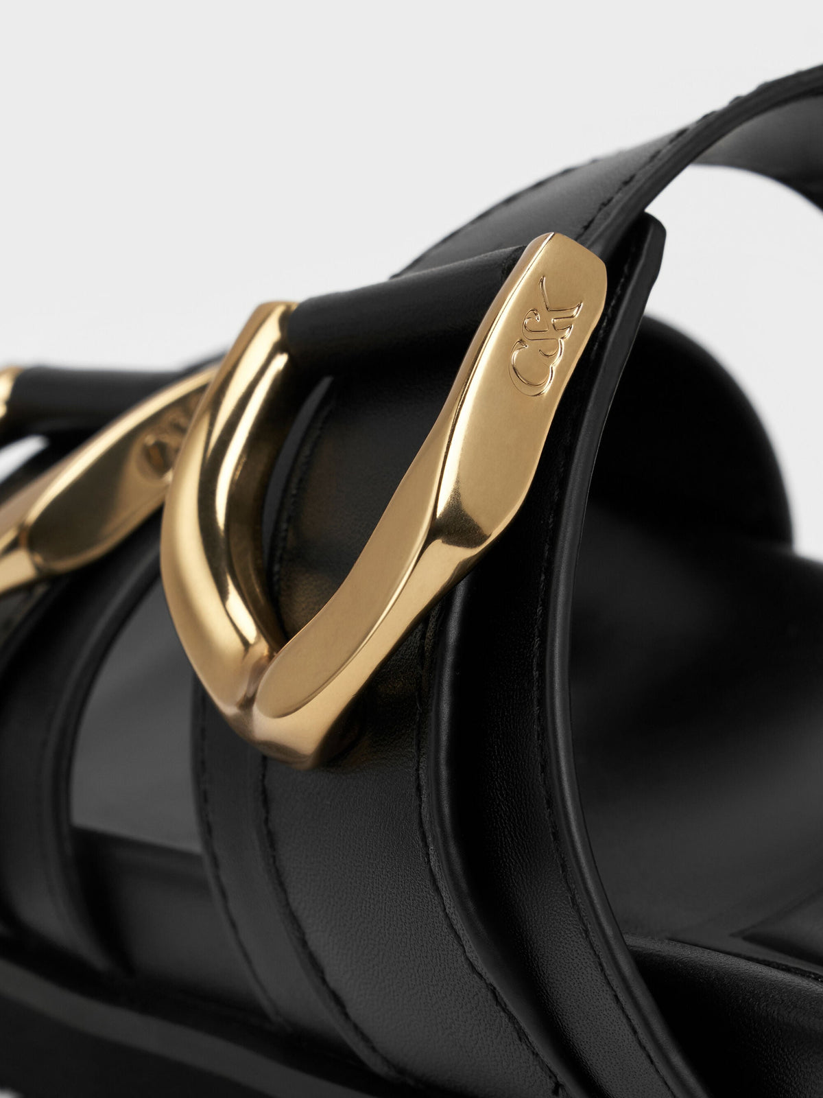 CHARLES & KEITH Trending / Gabine Gold-Buckle Leather Slides - Black