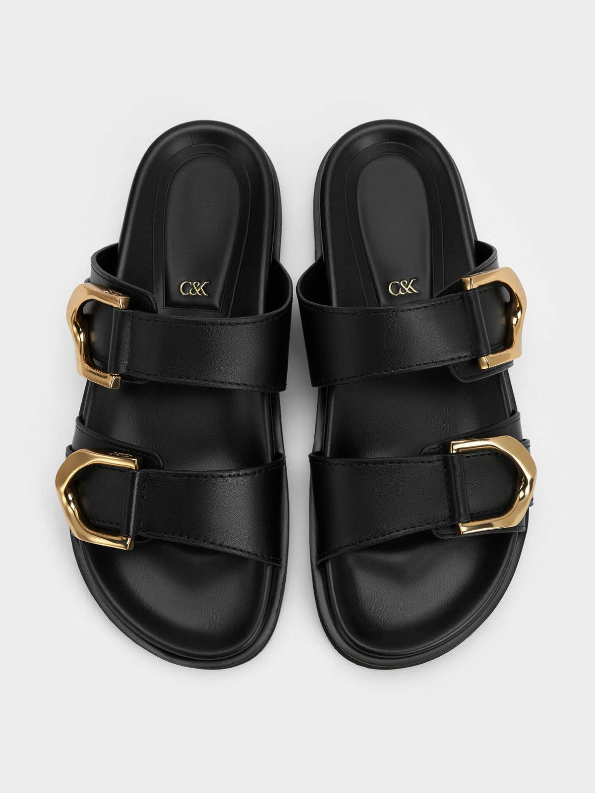 CHARLES & KEITH Trending / Gabine Gold-Buckle Leather Slides - Black