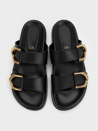 CHARLES & KEITH Trending / Gabine Gold-Buckle Leather Slides - Black
