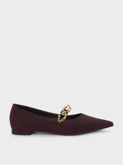 CHARLES & KEITH Popular / Faux Suede Metallic-Accent Ballet Flats - Burgundy