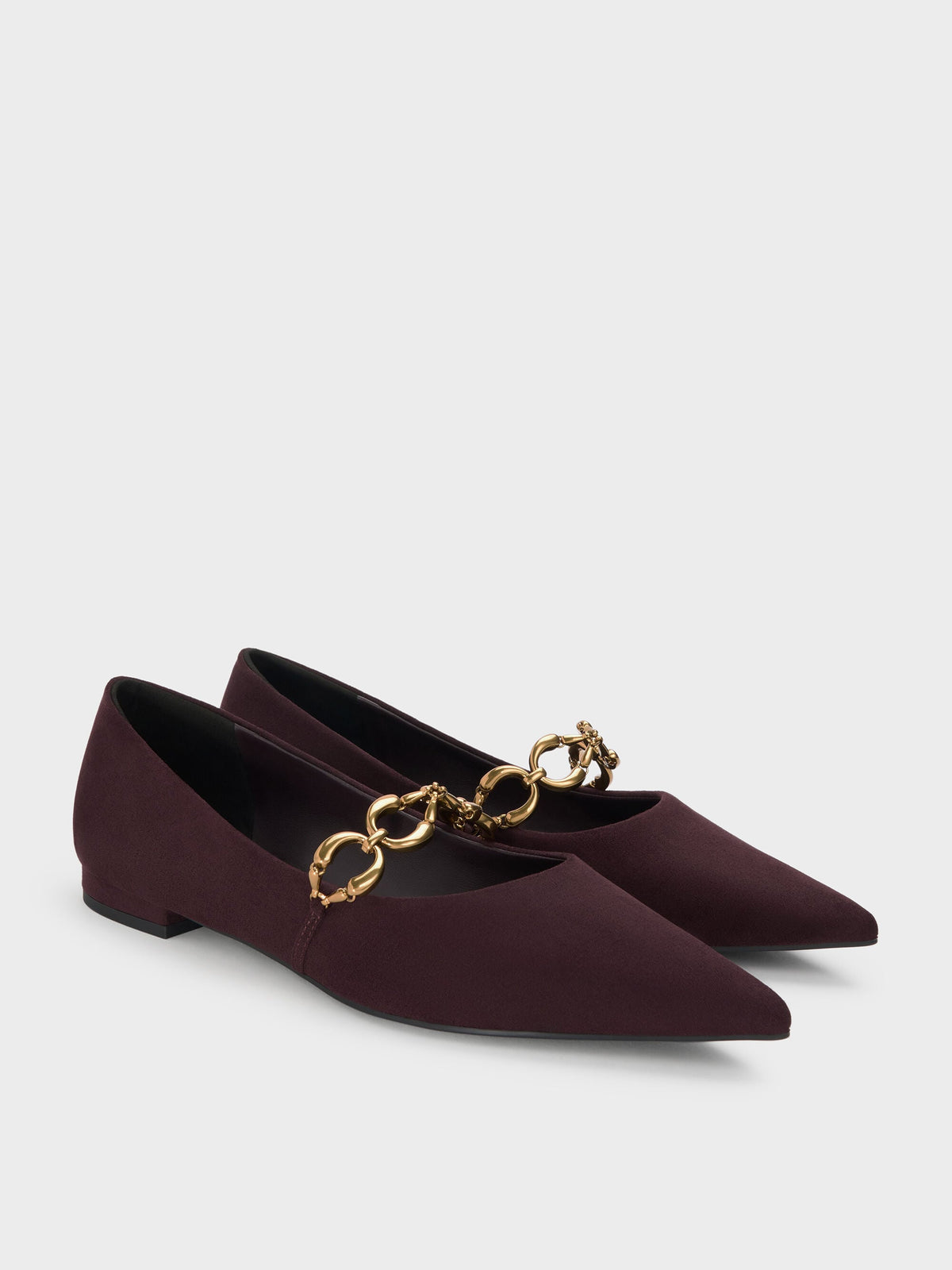 CHARLES & KEITH Popular / Faux Suede Metallic-Accent Ballet Flats - Burgundy